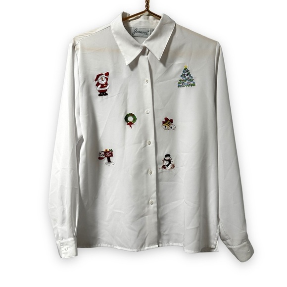 Vintage Joanna Christmas Embroidered White Button-Down Shirt Women’s Size Medium - Picture 1 of 14